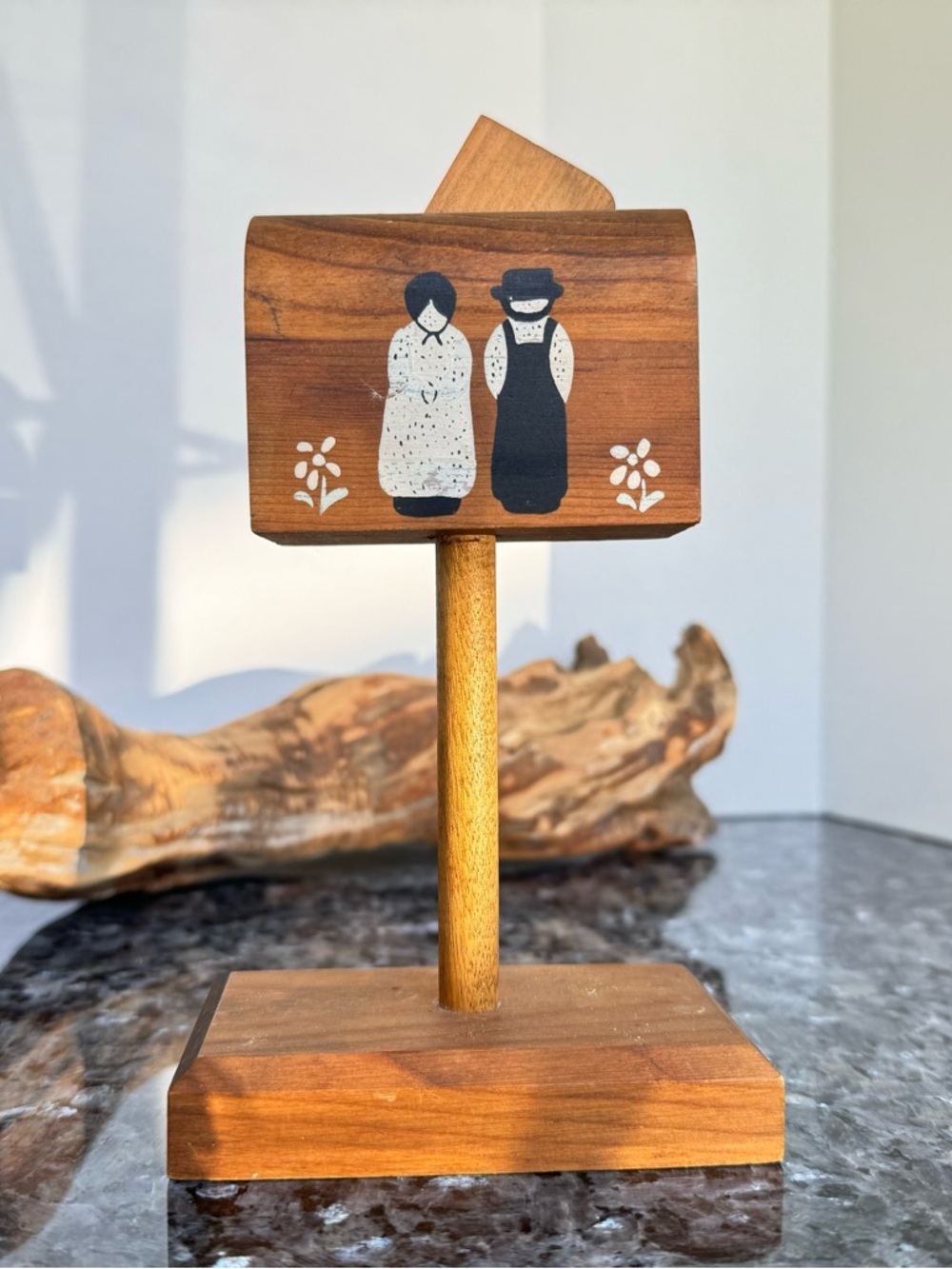 Vintage Wooden 6.5” Postage Stamp Roll Dispenser Mailbox With Goose & Couple